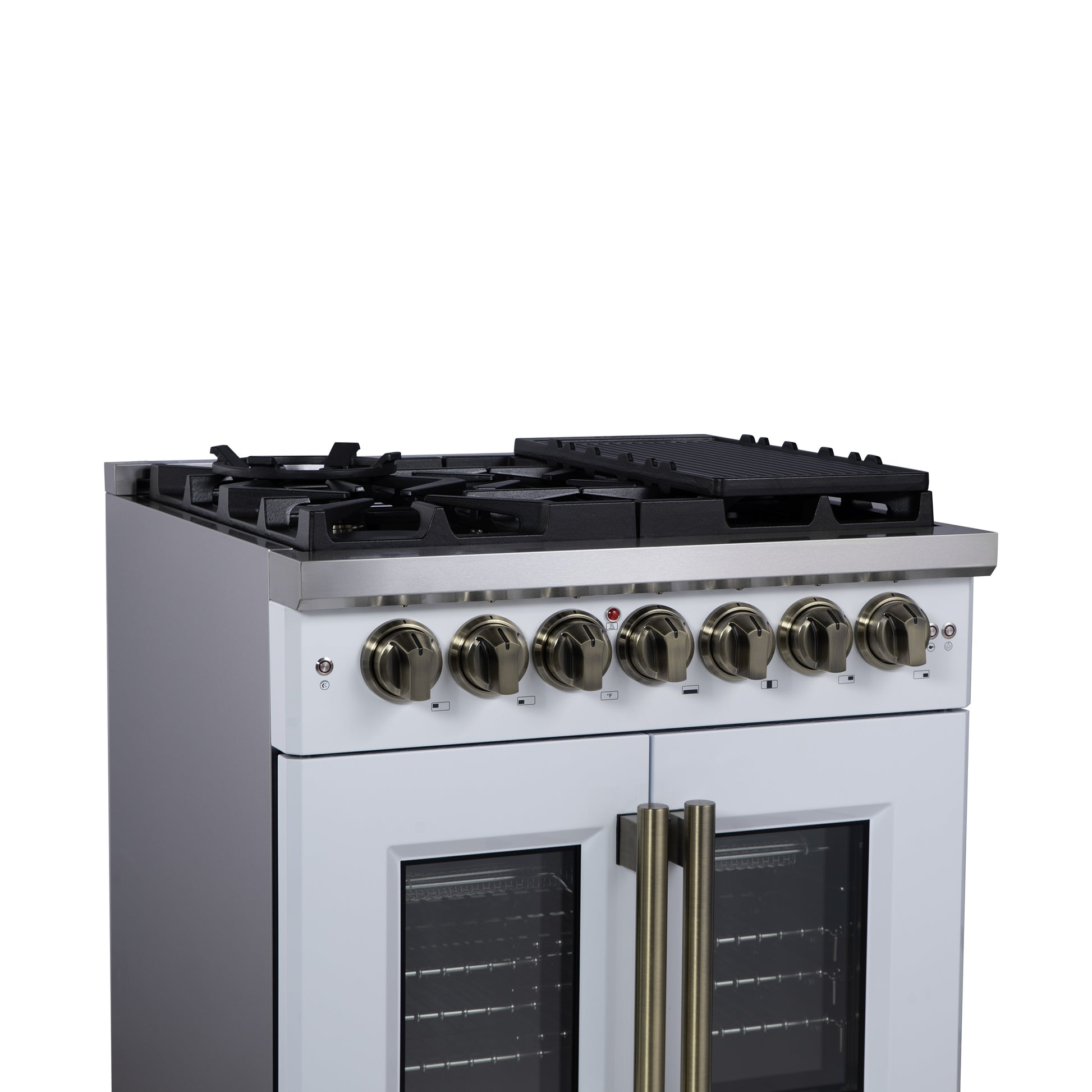 Forno Capriasca 30-Inch Freestanding French Door Dual Fuel Range in White with Antique Brass Accessories, 5 Burners, True Convection Oven - Forno Appliances
