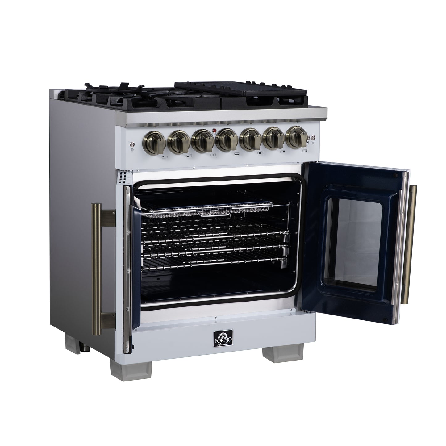 Forno Capriasca 30-Inch Freestanding French Door Dual Fuel Range in White with Antique Brass Accessories, 5 Burners, True Convection Oven - Forno Appliances