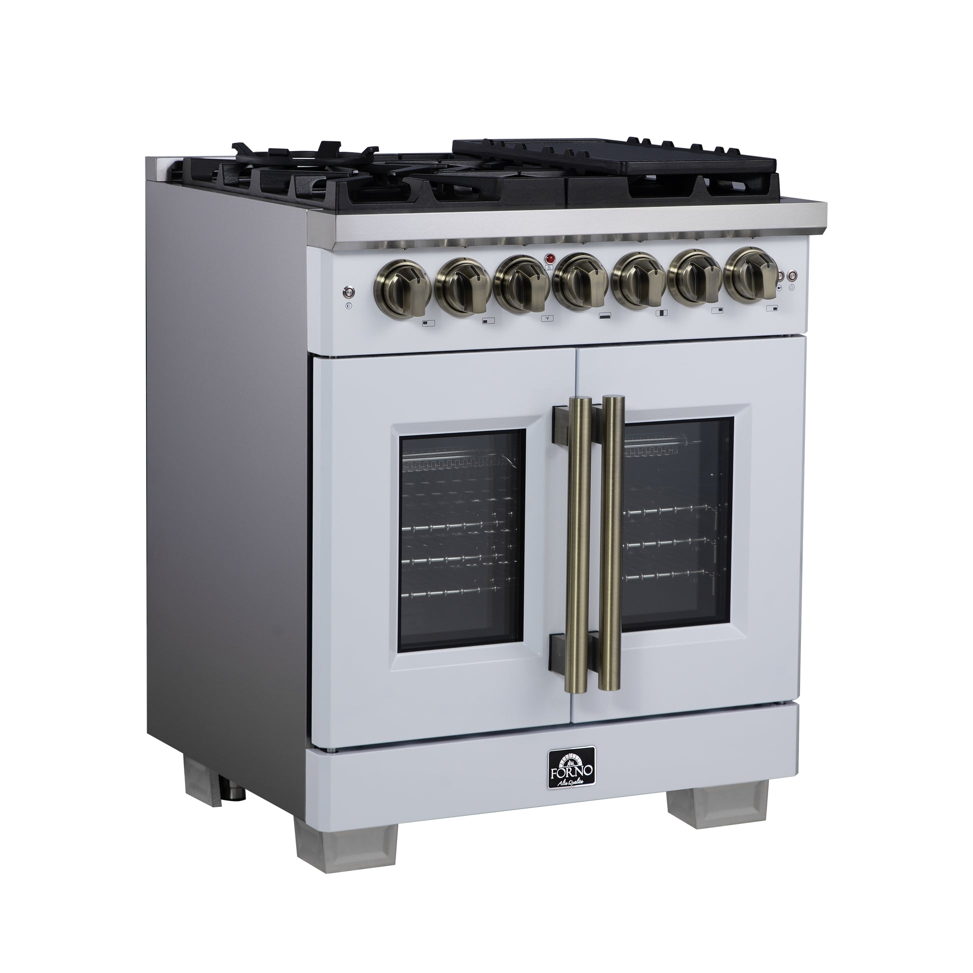 Forno Capriasca 30-Inch Freestanding French Door Dual Fuel Range in White with Antique Brass Accessories, 5 Burners, True Convection Oven - Forno Appliances