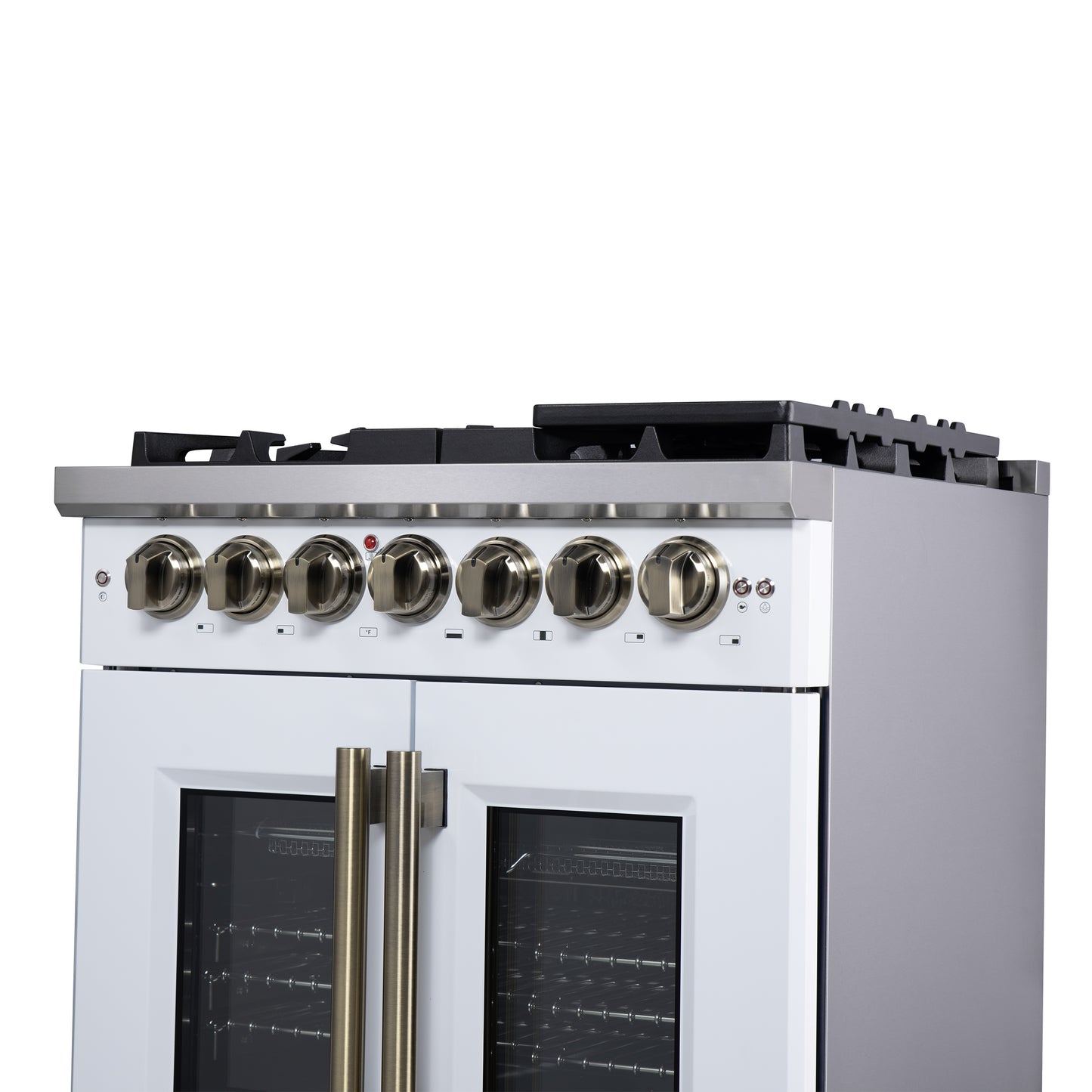 Forno Capriasca 30-Inch Freestanding French Door Dual Fuel Range in White with Antique Brass Accessories, 5 Burners, True Convection Oven - Forno Appliances