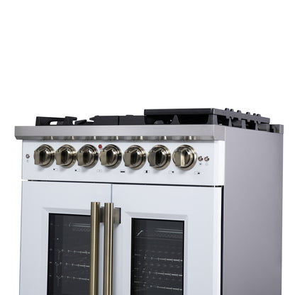 Forno Capriasca 30-Inch Freestanding French Door Dual Fuel Range in White with Antique Brass Accessories, 5 Burners, True Convection Oven - Forno Appliances