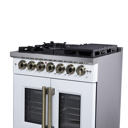 Forno Capriasca 30-Inch Freestanding French Door Dual Fuel Range in White with Antique Brass Accessories, 5 Burners, True Convection Oven - Forno Appliances