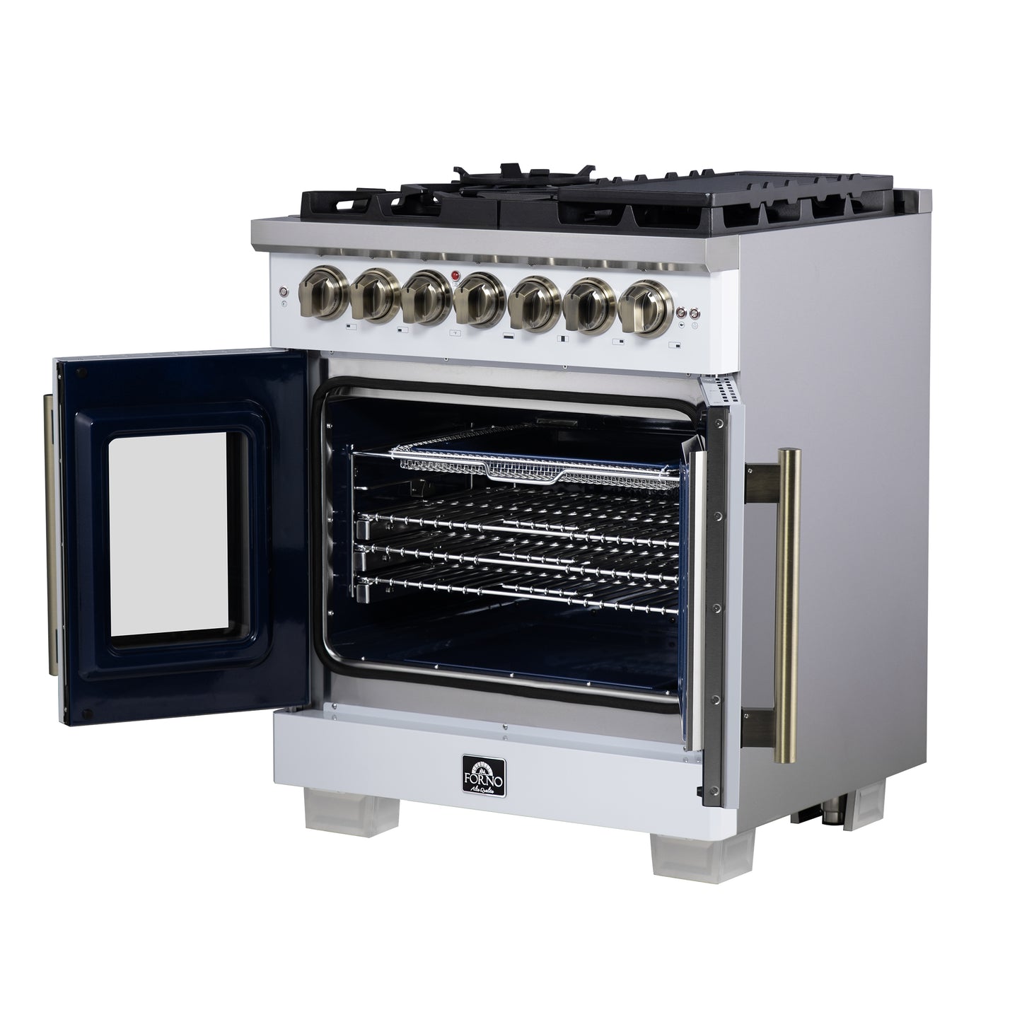 Forno Capriasca 30-Inch Freestanding French Door Dual Fuel Range in White with Antique Brass Accessories, 5 Burners, True Convection Oven - Forno Appliances