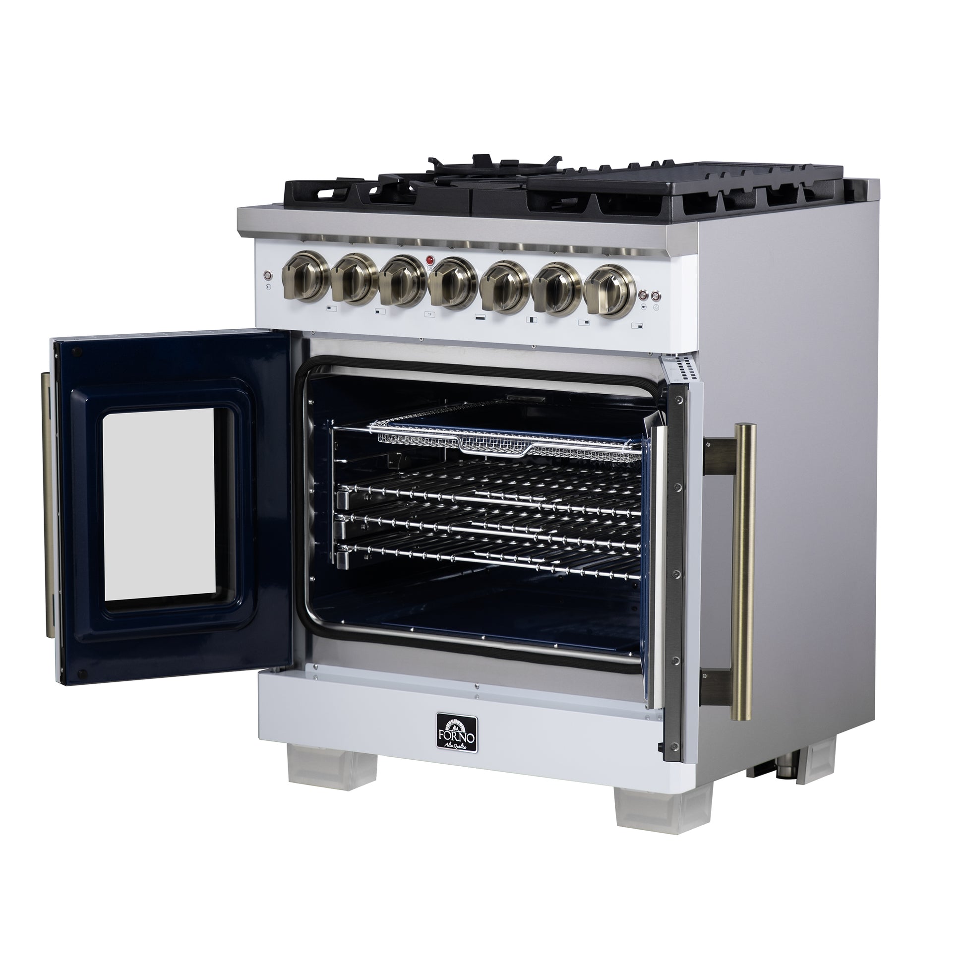 Forno Capriasca 30-Inch Freestanding French Door Dual Fuel Range in White with Antique Brass Accessories, 5 Burners, True Convection Oven - Forno Appliances