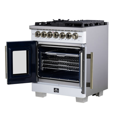 Forno Capriasca 30-Inch Freestanding French Door Dual Fuel Range in White with Antique Brass Accessories, 5 Burners, True Convection Oven - Forno Appliances