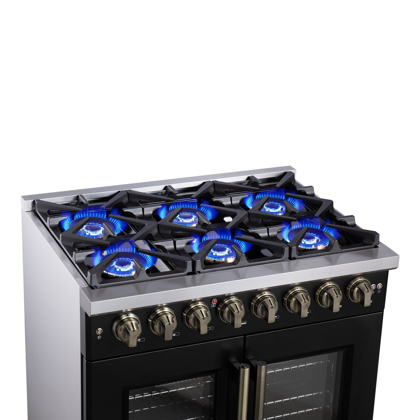 Forno Capriasca 36 Inch Freestanding French Door Dual Fuel Range in Black with Antique Brass Accessories, 6 Burners, True Convection Oven - Forno Appliances