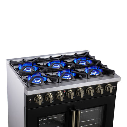 Forno Capriasca 36 Inch Freestanding French Door Dual Fuel Range in Black with Antique Brass Accessories, 6 Burners, True Convection Oven - Forno Appliances