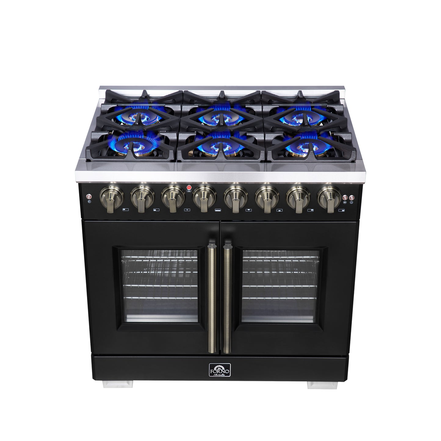 Forno Capriasca 36 Inch Freestanding French Door Dual Fuel Range in Black with Antique Brass Accessories, 6 Burners, True Convection Oven - Forno Appliances