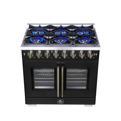 Forno Capriasca 36 Inch Freestanding French Door Dual Fuel Range in Black with Antique Brass Accessories, 6 Burners, True Convection Oven - Forno Appliances