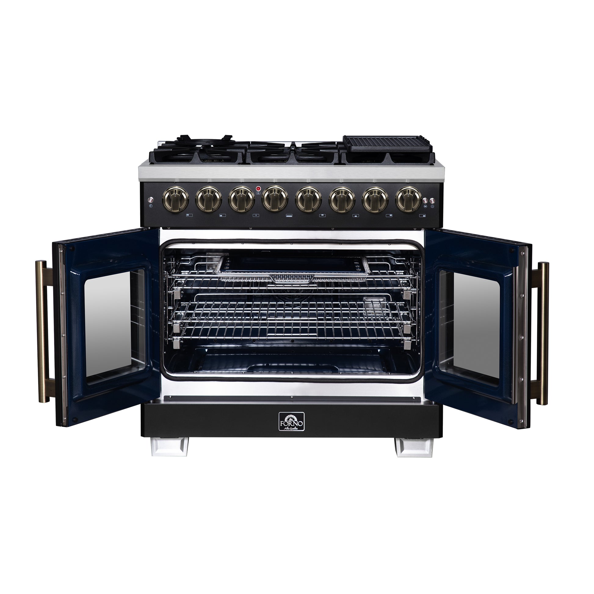 Forno Capriasca 36 Inch Freestanding French Door Dual Fuel Range in Black with Antique Brass Accessories, 6 Burners, True Convection Oven - Forno Appliances