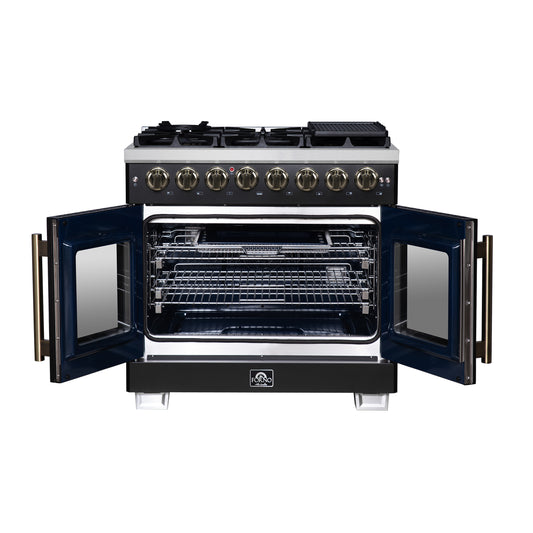 Forno Capriasca 36 Inch Freestanding French Door Dual Fuel Range in Black with Antique Brass Accessories, 6 Burners, True Convection Oven - Forno Appliances