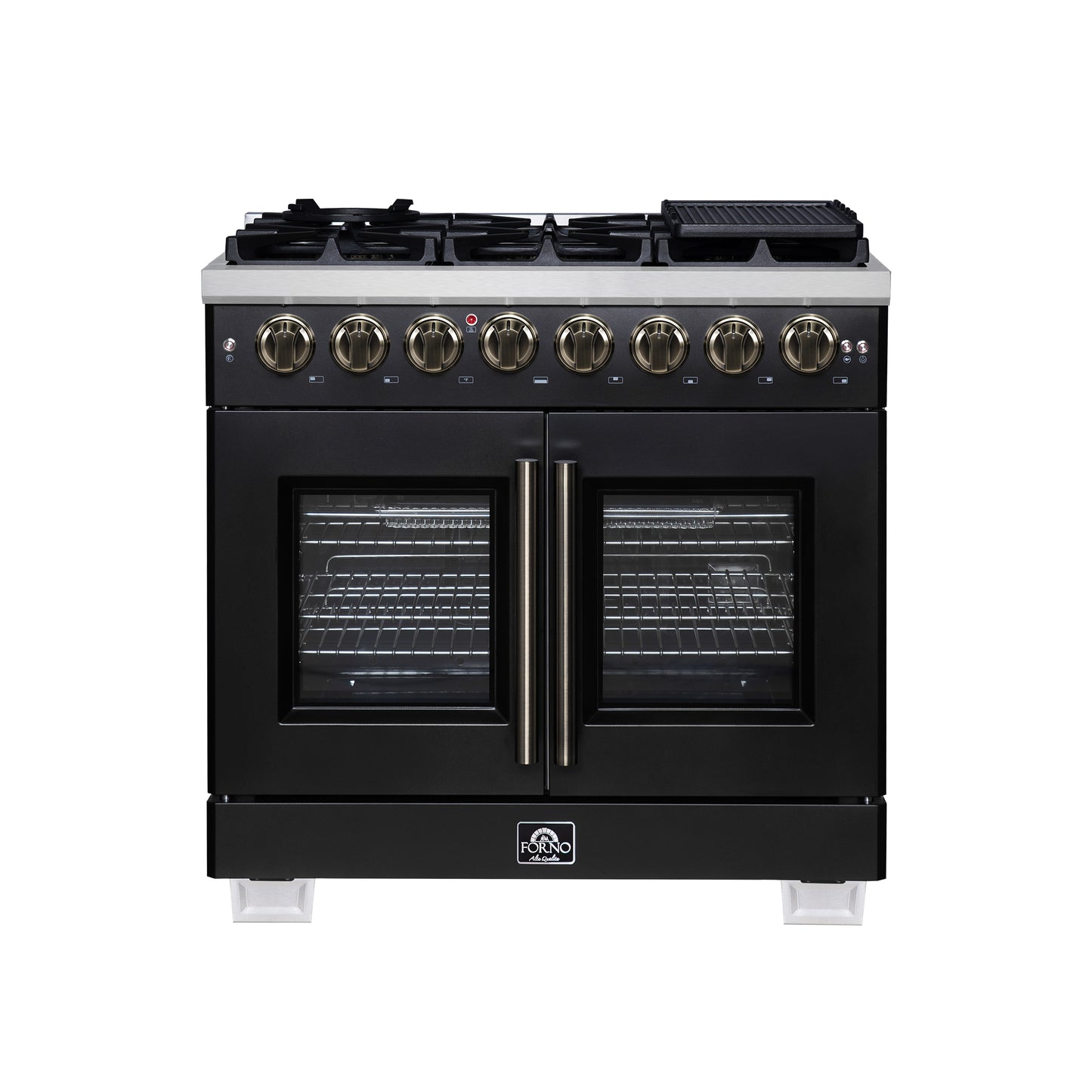 Forno Capriasca 36 Inch Freestanding French Door Dual Fuel Range in Black with Antique Brass Accessories, 6 Burners, True Convection Oven - Forno Appliances