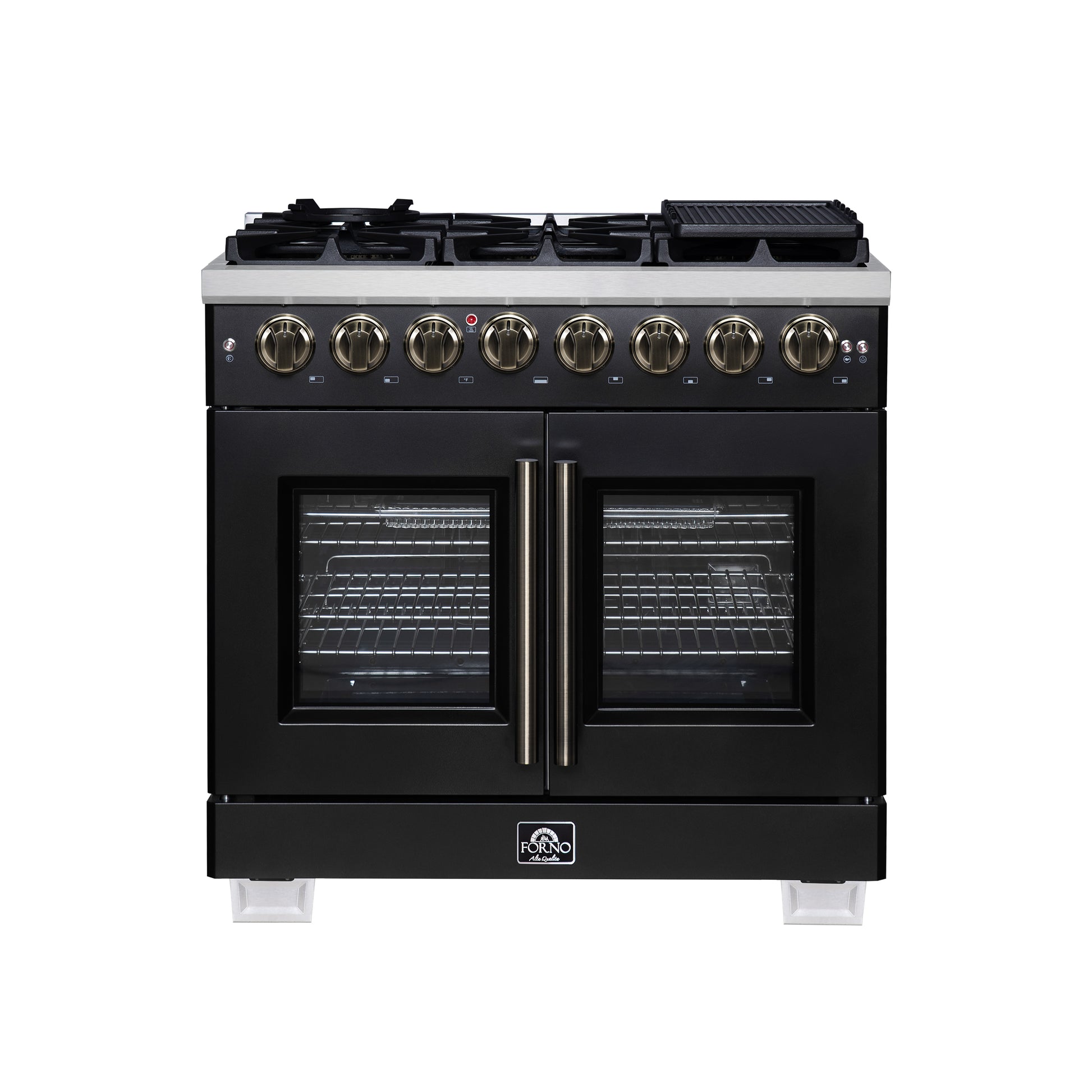 Forno Capriasca 36 Inch Freestanding French Door Dual Fuel Range in Black with Antique Brass Accessories, 6 Burners, True Convection Oven - Forno Appliances
