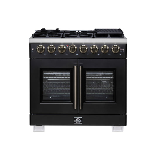 Forno Capriasca 36 Inch Freestanding French Door Dual Fuel Range in Black with Antique Brass Accessories, 6 Burners, True Convection Oven - Forno Appliances