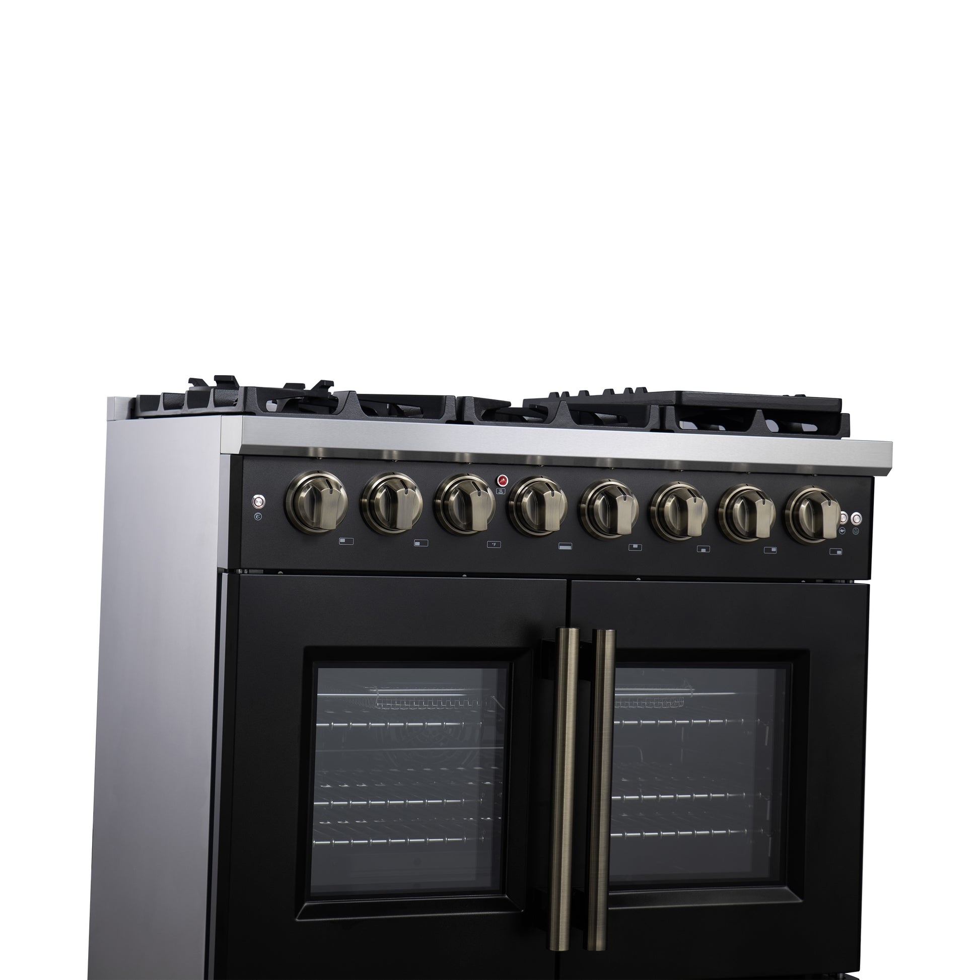 Forno Capriasca 36 Inch Freestanding French Door Dual Fuel Range in Black with Antique Brass Accessories, 6 Burners, True Convection Oven - Forno Appliances