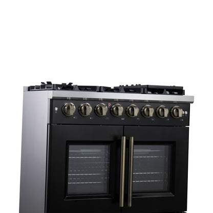 Forno Capriasca 36 Inch Freestanding French Door Dual Fuel Range in Black with Antique Brass Accessories, 6 Burners, True Convection Oven - Forno Appliances