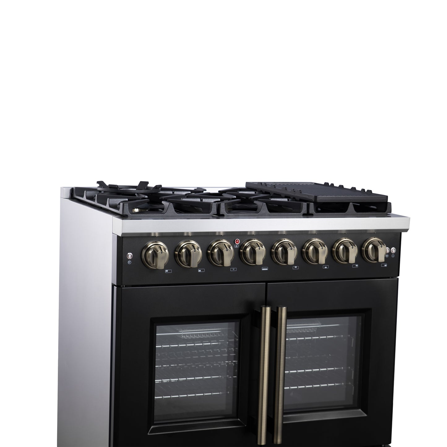 Forno Capriasca 36 Inch Freestanding French Door Dual Fuel Range in Black with Antique Brass Accessories, 6 Burners, True Convection Oven - Forno Appliances