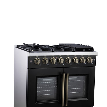 Forno Capriasca 36 Inch Freestanding French Door Dual Fuel Range in Black with Antique Brass Accessories, 6 Burners, True Convection Oven - Forno Appliances