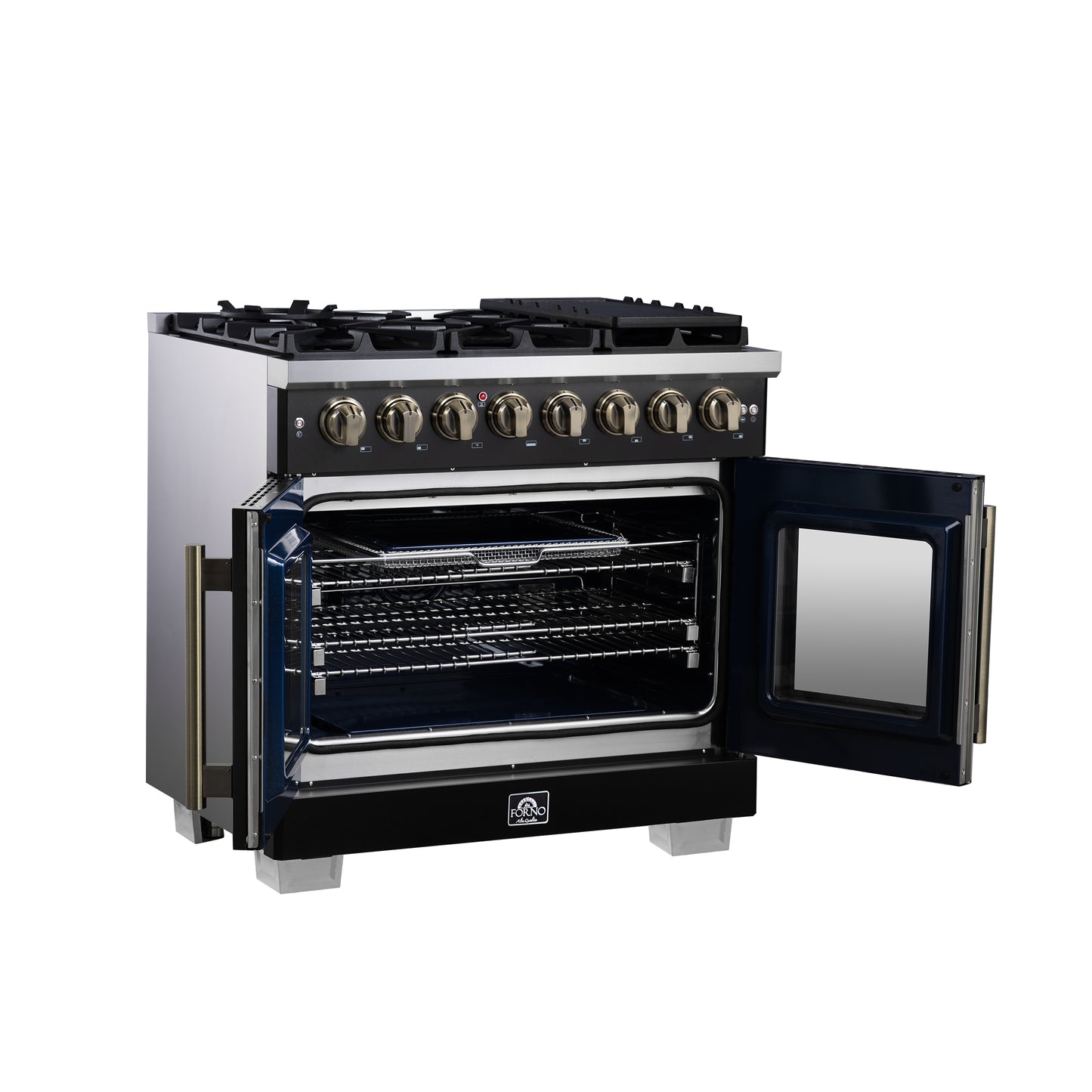 Forno Capriasca 36 Inch Freestanding French Door Dual Fuel Range in Black with Antique Brass Accessories, 6 Burners, True Convection Oven - Forno Appliances