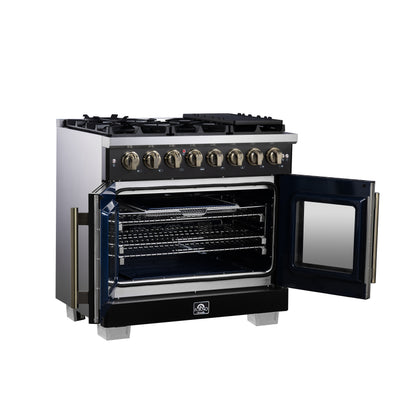 Forno Capriasca 36 Inch Freestanding French Door Dual Fuel Range in Black with Antique Brass Accessories, 6 Burners, True Convection Oven - Forno Appliances