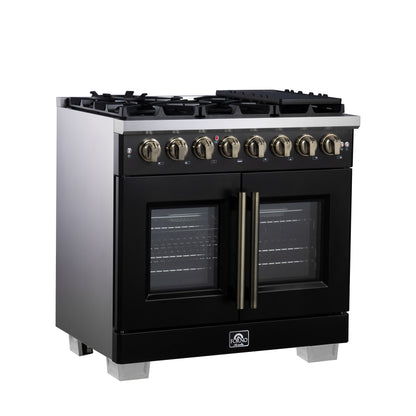 Forno Capriasca 36 Inch Freestanding French Door Dual Fuel Range in Black with Antique Brass Accessories, 6 Burners, True Convection Oven - Forno Appliances