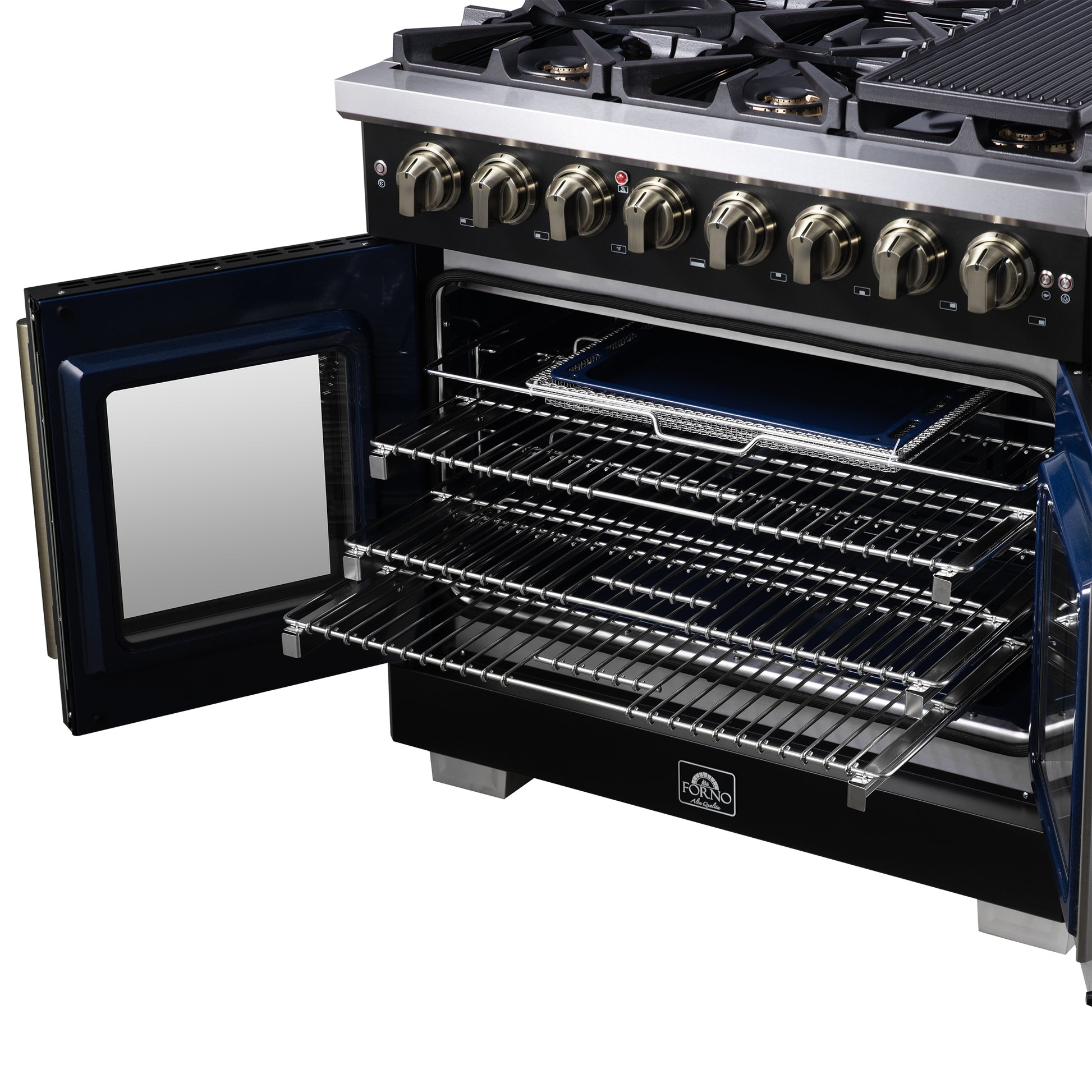 Forno Capriasca 36 Inch Freestanding French Door Dual Fuel Range in Black with Antique Brass Accessories, 6 Burners, True Convection Oven - Forno Appliances