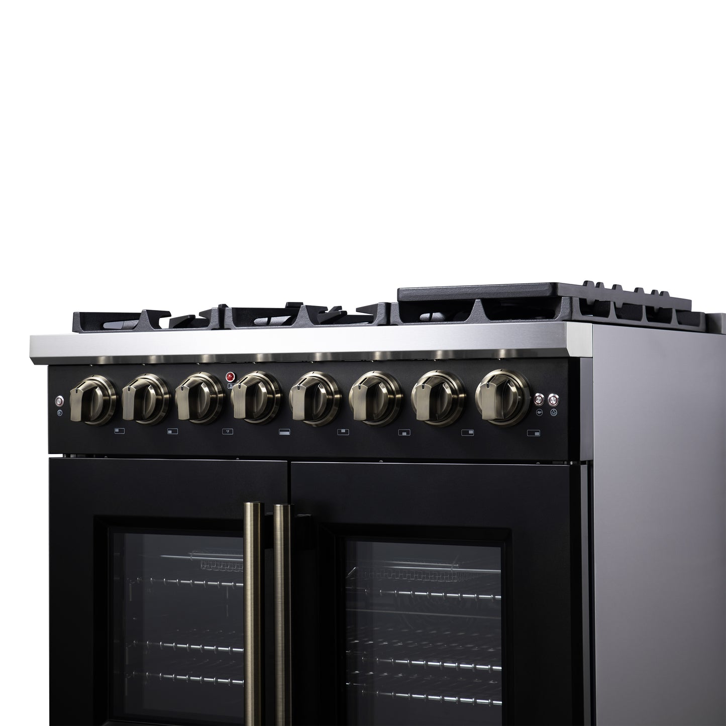 Forno Capriasca 36 Inch Freestanding French Door Dual Fuel Range in Black with Antique Brass Accessories, 6 Burners, True Convection Oven - Forno Appliances