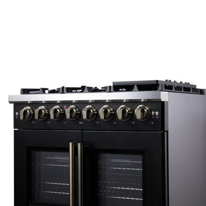 Forno Capriasca 36 Inch Freestanding French Door Dual Fuel Range in Black with Antique Brass Accessories, 6 Burners, True Convection Oven - Forno Appliances
