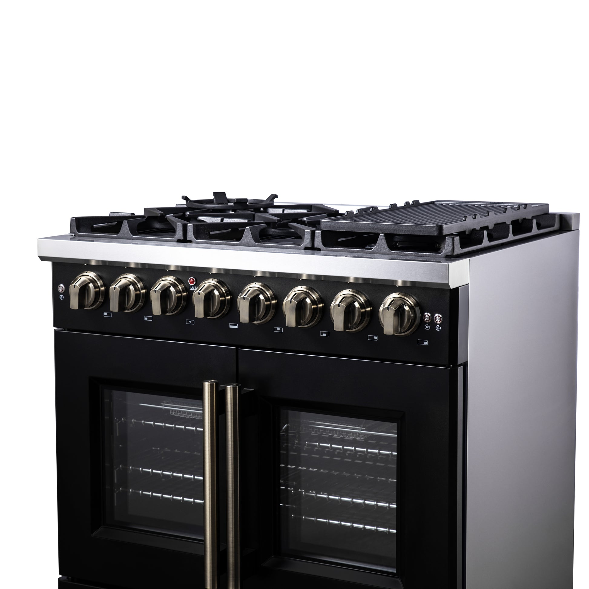 Forno Capriasca 36 Inch Freestanding French Door Dual Fuel Range in Black with Antique Brass Accessories, 6 Burners, True Convection Oven - Forno Appliances