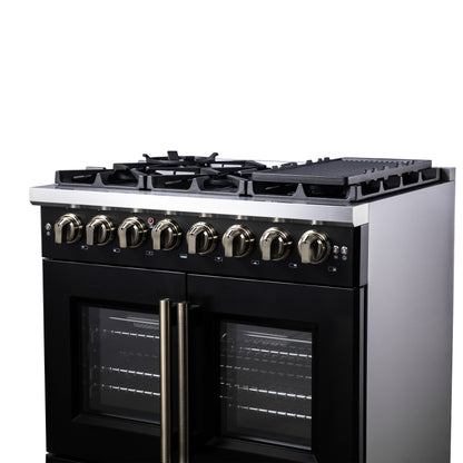Forno Capriasca 36 Inch Freestanding French Door Dual Fuel Range in Black with Antique Brass Accessories, 6 Burners, True Convection Oven - Forno Appliances