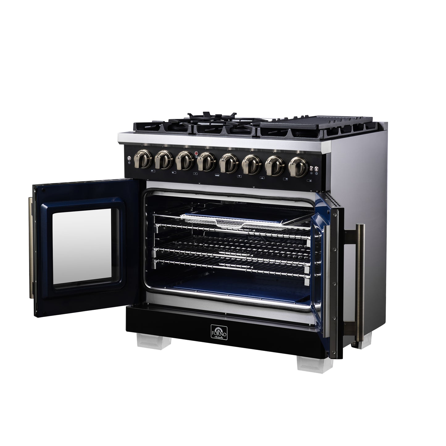 Forno Capriasca 36 Inch Freestanding French Door Dual Fuel Range in Black with Antique Brass Accessories, 6 Burners, True Convection Oven - Forno Appliances
