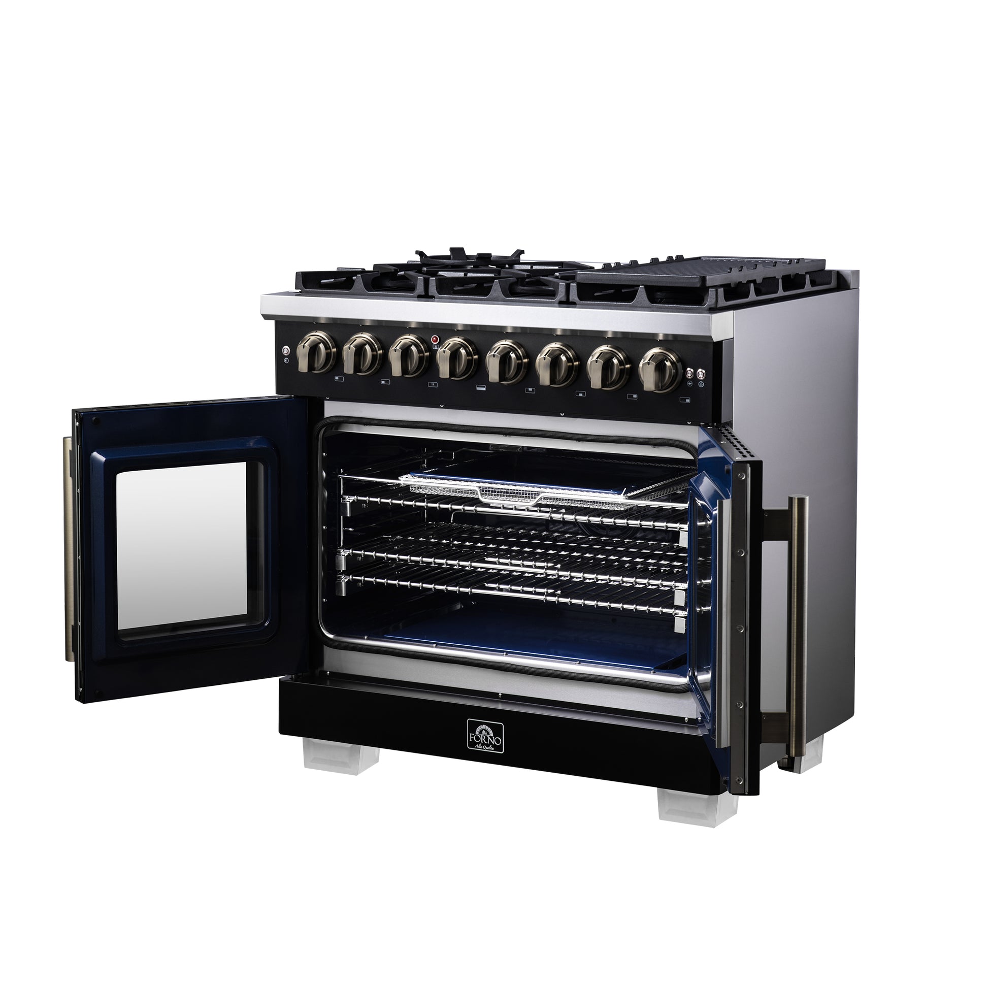 Forno Capriasca 36 Inch Freestanding French Door Dual Fuel Range in Black with Antique Brass Accessories, 6 Burners, True Convection Oven - Forno Appliances