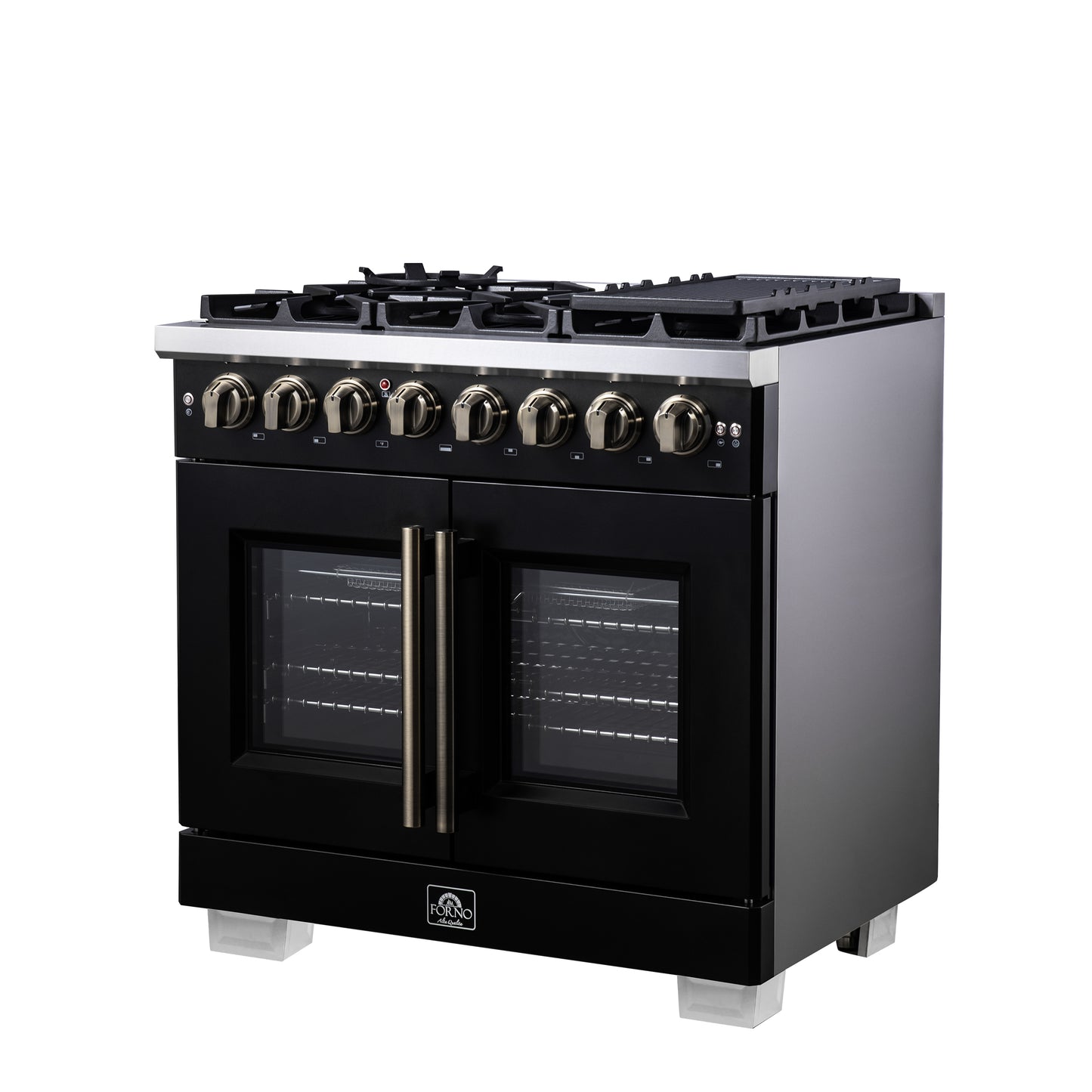 Forno Capriasca 36 Inch Freestanding French Door Dual Fuel Range in Black with Antique Brass Accessories, 6 Burners, True Convection Oven - Forno Appliances