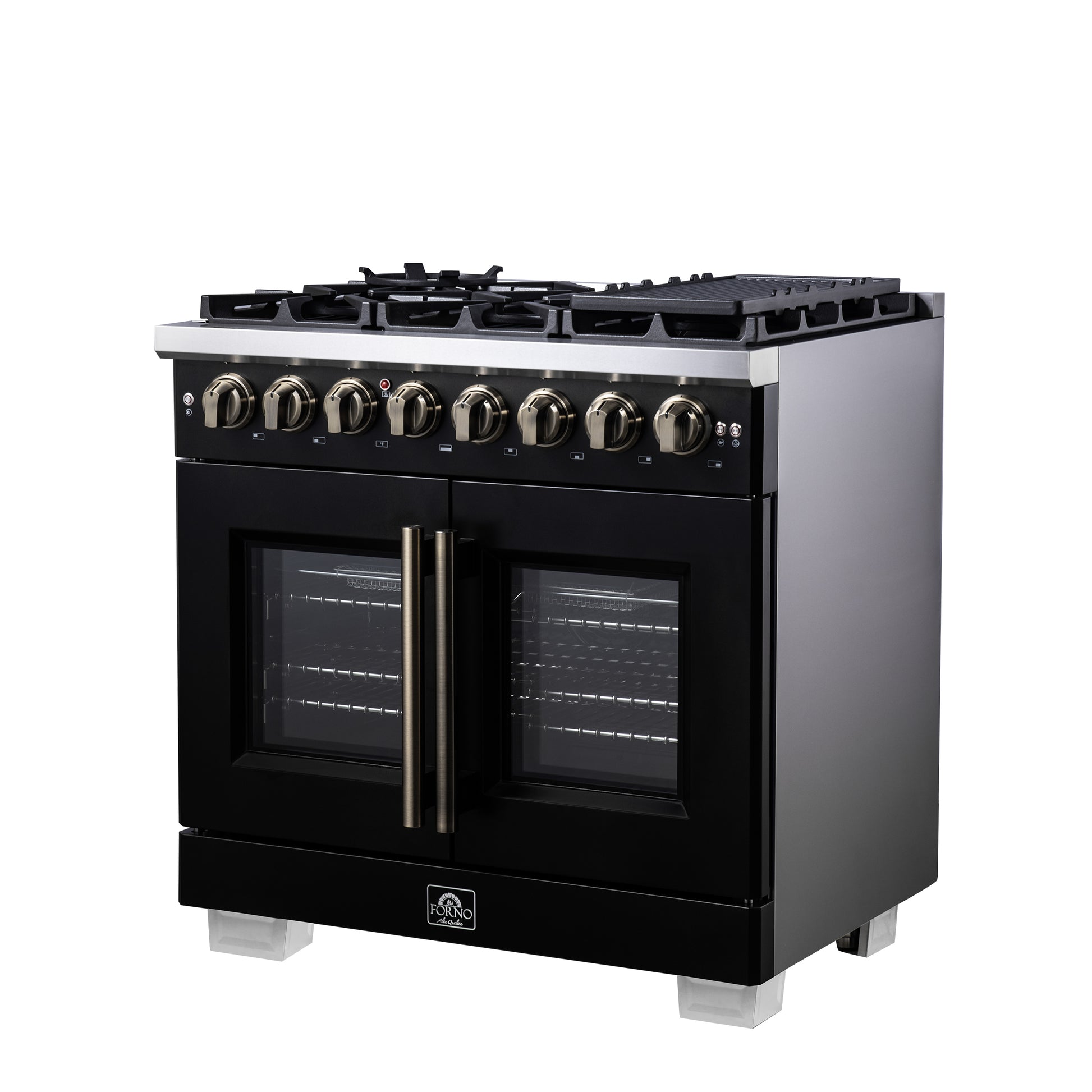 Forno Capriasca 36 Inch Freestanding French Door Dual Fuel Range in Black with Antique Brass Accessories, 6 Burners, True Convection Oven - Forno Appliances