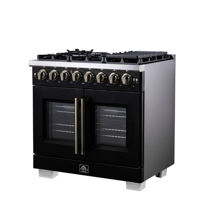 Forno Capriasca 36 Inch Freestanding French Door Dual Fuel Range in Black with Antique Brass Accessories, 6 Burners, True Convection Oven - Forno Appliances