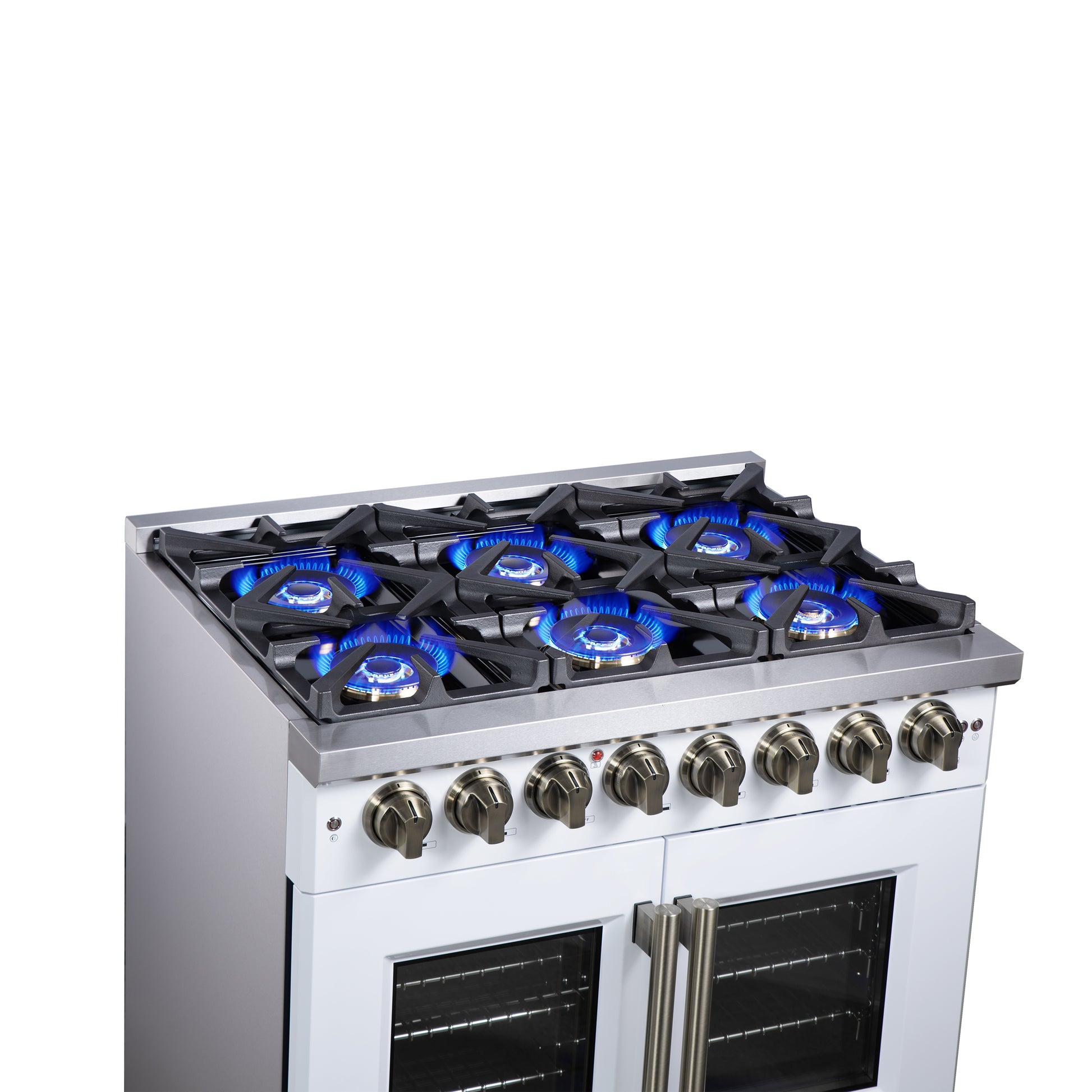 Forno Capriasca 36 Inch Freestanding French Door Dual Fuel Range in White with Antique Brass Accessories, 6 Burners, True Convection Oven - Forno Appliances