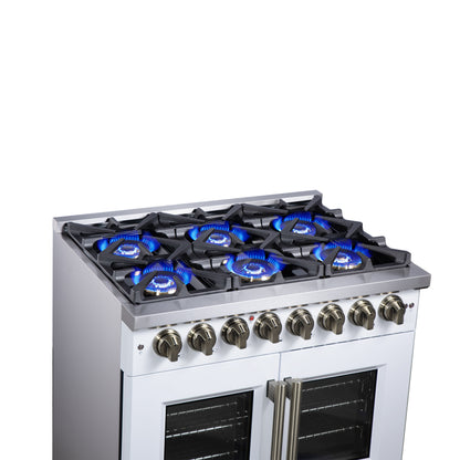 Forno Capriasca 36 Inch Freestanding French Door Dual Fuel Range in White with Antique Brass Accessories, 6 Burners, True Convection Oven - Forno Appliances
