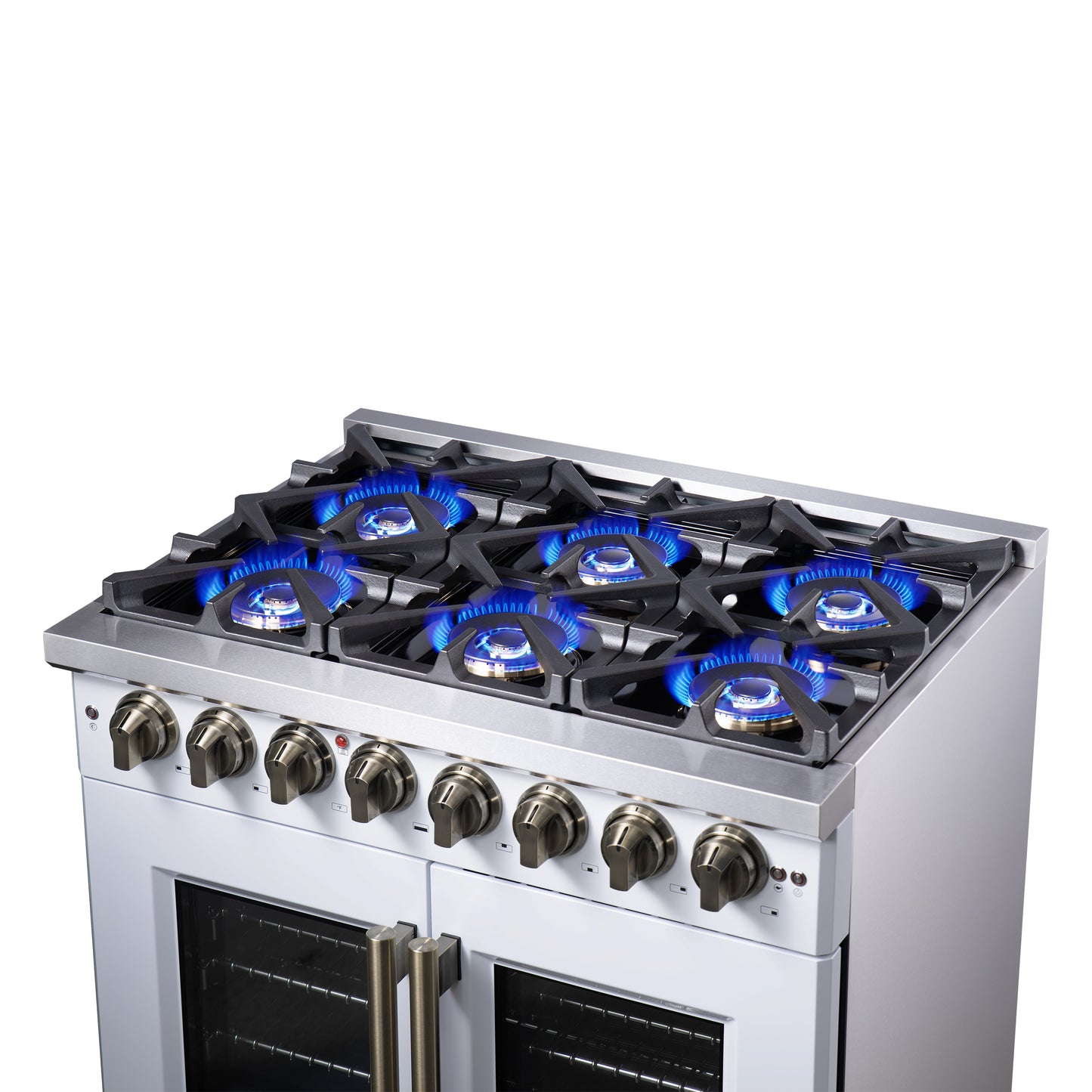 Forno Capriasca 36 Inch Freestanding French Door Dual Fuel Range in White with Antique Brass Accessories, 6 Burners, True Convection Oven - Forno Appliances