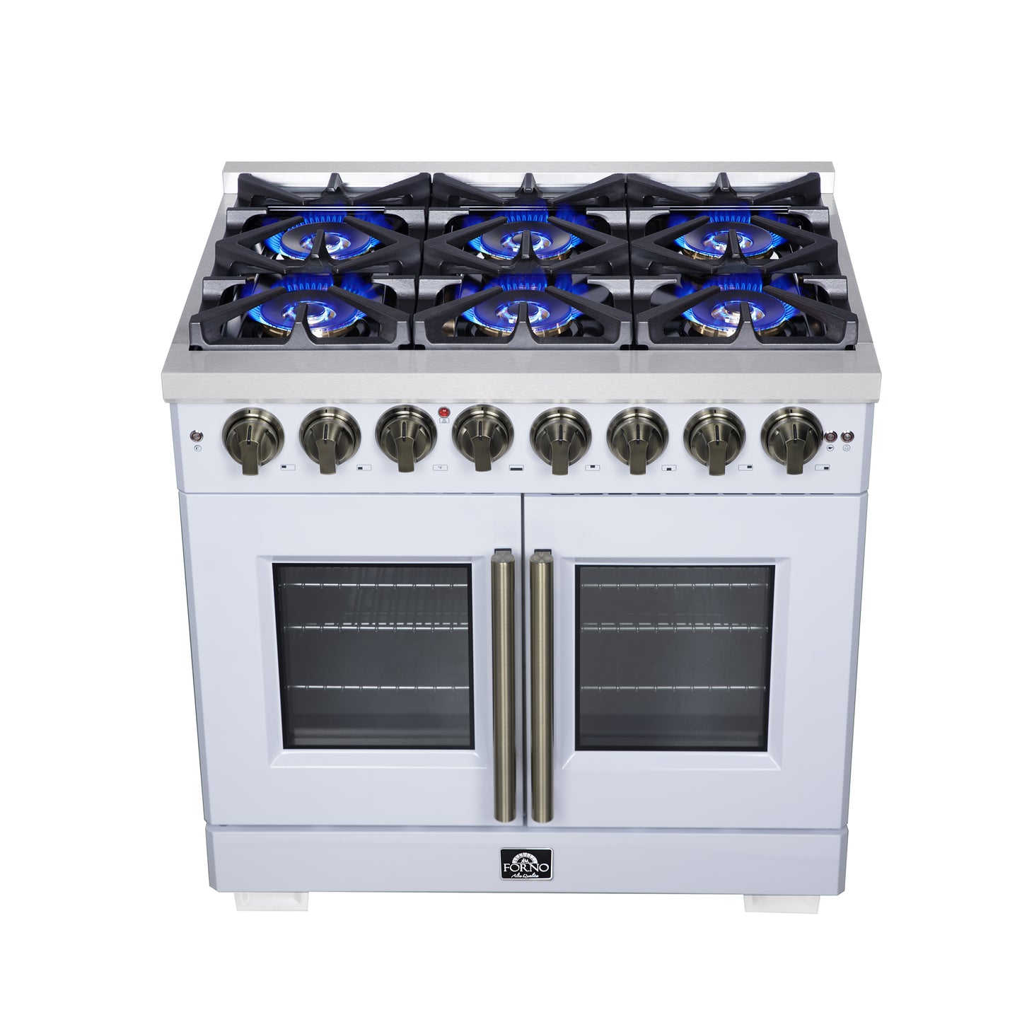 Forno Capriasca 36 Inch Freestanding French Door Dual Fuel Range in White with Antique Brass Accessories, 6 Burners, True Convection Oven - Forno Appliances