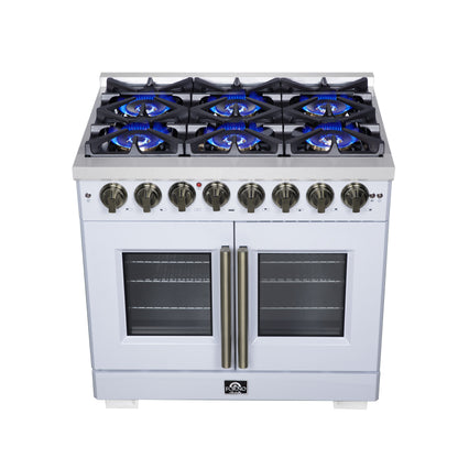 Forno Capriasca 36 Inch Freestanding French Door Dual Fuel Range in White with Antique Brass Accessories, 6 Burners, True Convection Oven - Forno Appliances