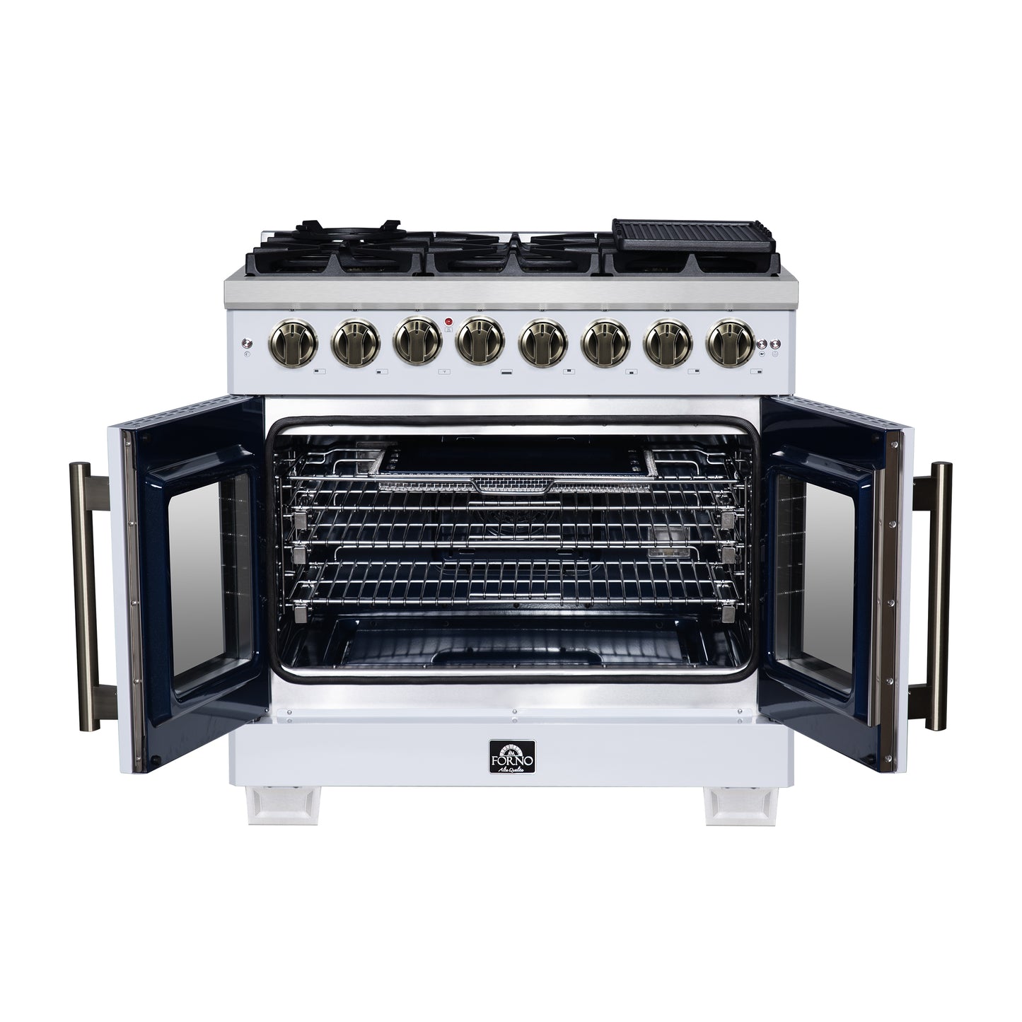 Forno Capriasca 36 Inch Freestanding French Door Dual Fuel Range in White with Antique Brass Accessories, 6 Burners, True Convection Oven - Forno Appliances