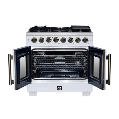 Forno Capriasca 36 Inch Freestanding French Door Dual Fuel Range in White with Antique Brass Accessories, 6 Burners, True Convection Oven - Forno Appliances