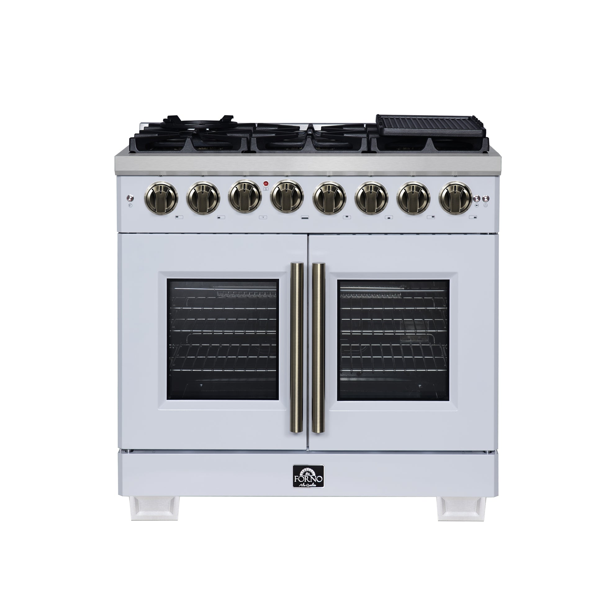 Forno Capriasca 36 Inch Freestanding French Door Dual Fuel Range in White with Antique Brass Accessories, 6 Burners, True Convection Oven - Forno Appliances