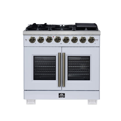Forno Capriasca 36 Inch Freestanding French Door Dual Fuel Range in White with Antique Brass Accessories, 6 Burners, True Convection Oven - Forno Appliances