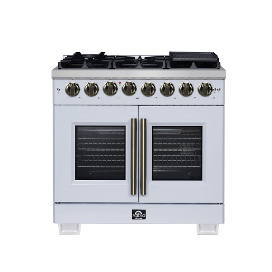 Forno Capriasca 36 Inch Freestanding French Door Dual Fuel Range in White with Antique Brass Accessories, 6 Burners, True Convection Oven - Forno Appliances