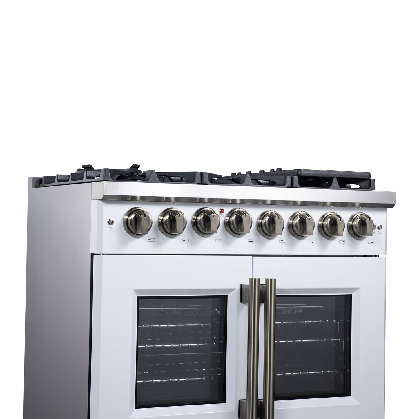 Forno Capriasca 36 Inch Freestanding French Door Dual Fuel Range in White with Antique Brass Accessories, 6 Burners, True Convection Oven - Forno Appliances