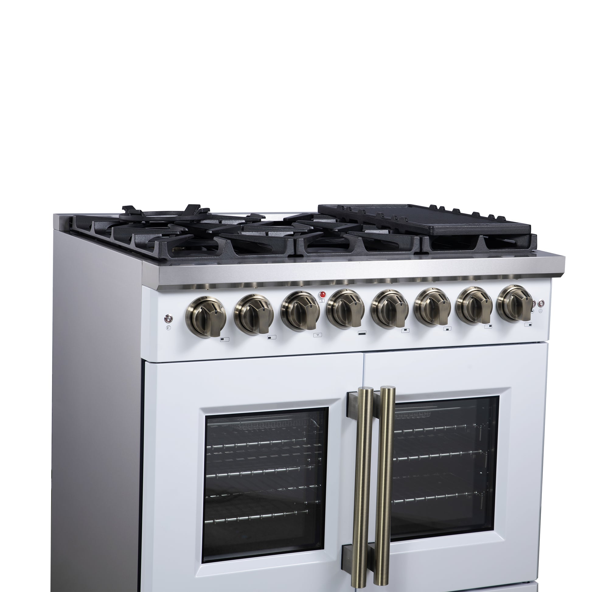 Forno Capriasca 36 Inch Freestanding French Door Dual Fuel Range in White with Antique Brass Accessories, 6 Burners, True Convection Oven - Forno Appliances
