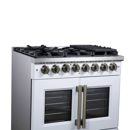 Forno Capriasca 36 Inch Freestanding French Door Dual Fuel Range in White with Antique Brass Accessories, 6 Burners, True Convection Oven - Forno Appliances