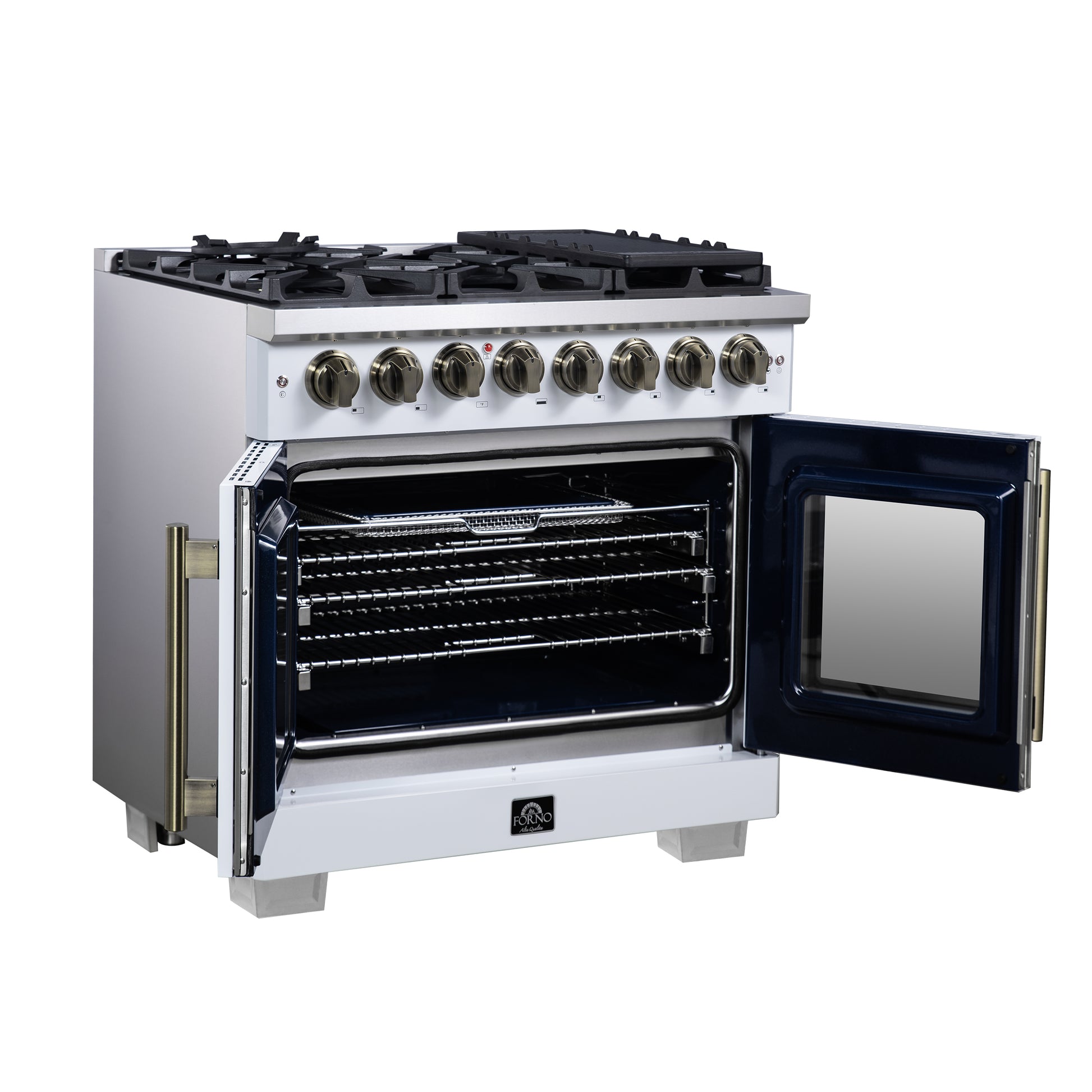 Forno Capriasca 36 Inch Freestanding French Door Dual Fuel Range in White with Antique Brass Accessories, 6 Burners, True Convection Oven - Forno Appliances