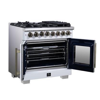 Forno Capriasca 36 Inch Freestanding French Door Dual Fuel Range in White with Antique Brass Accessories, 6 Burners, True Convection Oven - Forno Appliances